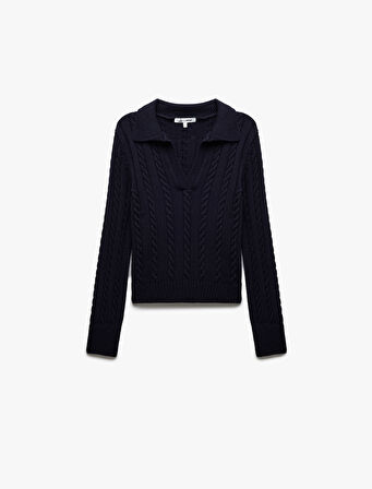 Saç Örgü Dokulu Polo Yaka Uzun Kollu Triko Kazak