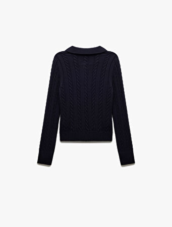 Saç Örgü Dokulu Polo Yaka Uzun Kollu Triko Kazak