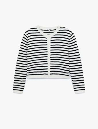 Uzun Kollu Düğmeli Bisiklet Yaka Çizgili Triko Hırka