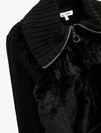 Slim Fit Uzun Kollu Dik Yaka Fermuarlı Suni Kürklü Hırka