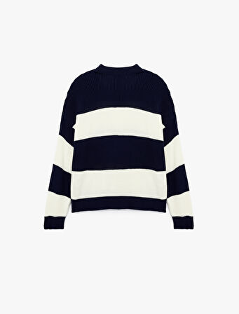 Uzun Kollu Bisiklet Yaka Renk Bloklu Triko Kazak