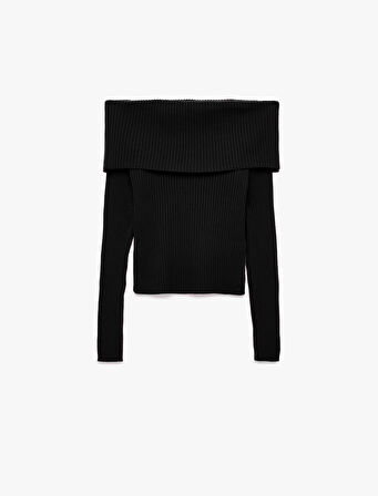 Uzun Kollu Slim Fit Omzu Açık Fitilli Triko Kazak