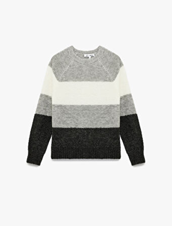 Uzun Kollu Bisiklet Yaka Renk Bloklu Triko Kazak