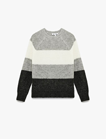 Uzun Kollu Bisiklet Yaka Renk Bloklu Triko Kazak