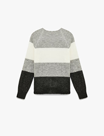 Uzun Kollu Bisiklet Yaka Renk Bloklu Triko Kazak