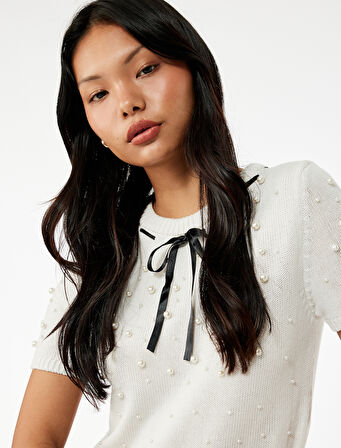 İnci Detaylı Fiyonklu Kısa Kollu Bisiklet Yaka Triko Kazak