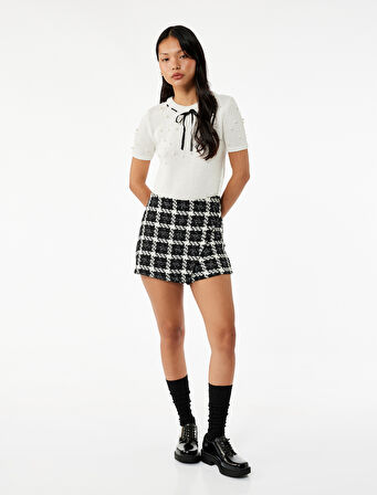 İnci Detaylı Fiyonklu Kısa Kollu Bisiklet Yaka Triko Kazak