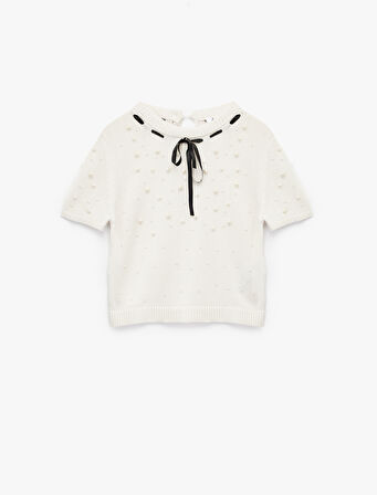 İnci Detaylı Fiyonklu Kısa Kollu Bisiklet Yaka Triko Kazak