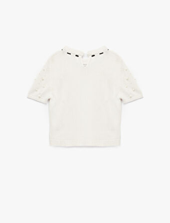 İnci Detaylı Fiyonklu Kısa Kollu Bisiklet Yaka Triko Kazak