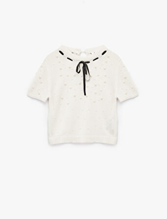 İnci Detaylı Fiyonklu Kısa Kollu Bisiklet Yaka Triko Kazak