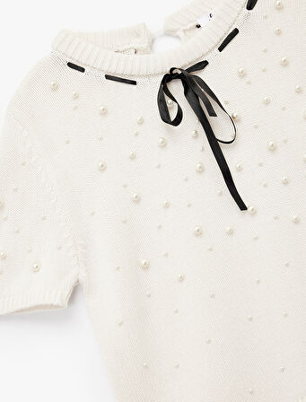 İnci Detaylı Fiyonklu Kısa Kollu Bisiklet Yaka Triko Kazak