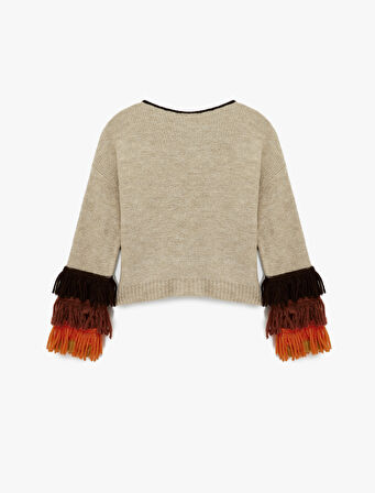 Çok Renkli Püsküllü Uzun Kollu Bisiklet Yaka Triko Kazak