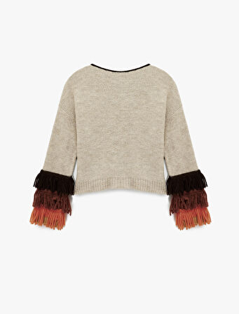 Çok Renkli Püsküllü Uzun Kollu Bisiklet Yaka Triko Kazak