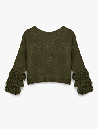 Çok Renkli Püsküllü Uzun Kollu Bisiklet Yaka Triko Kazak