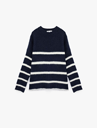 Şerit Desenli Bisiklet Yaka Uzun Kollu Triko Kazak