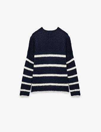 Şerit Desenli Bisiklet Yaka Uzun Kollu Triko Kazak