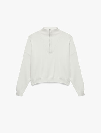 Uzun Kollu Dik Yaka Viskon Karışımlı Yarım Fermuarlı Triko Kazak