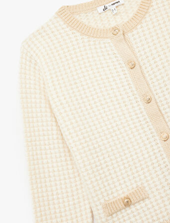 Düğmeli Cep Detaylı Minimal Desenli Uzun Kollu Bisiklet Yaka Triko Hırka