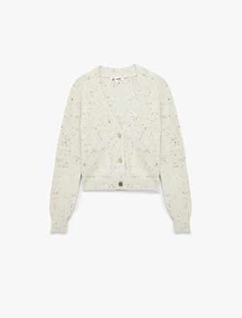 Simli Düğmeli Uzun Kollu V Yaka Triko Hırka