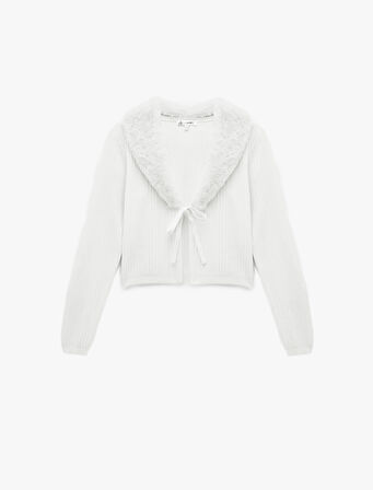 Suni Kürklü Yaka Fiyonklu Bağlama Detaylı Slim Fit Crop Triko Hırka