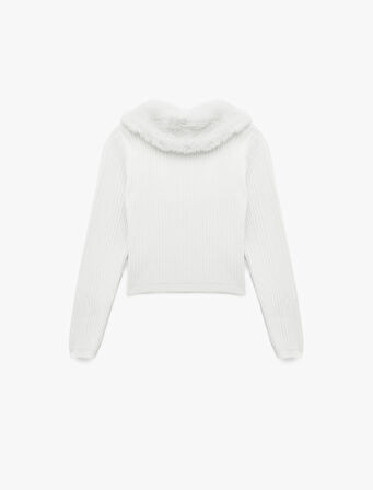 Suni Kürklü Yaka Fiyonklu Bağlama Detaylı Slim Fit Crop Triko Hırka