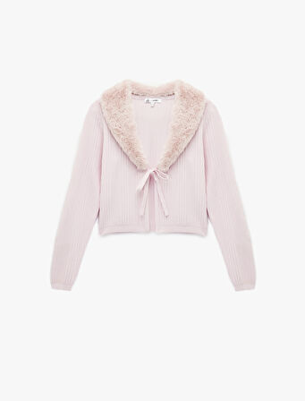 Suni Kürklü Yaka Fiyonklu Bağlama Detaylı Slim Fit Crop Triko Hırka