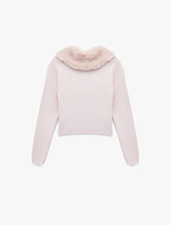 Suni Kürklü Yaka Fiyonklu Bağlama Detaylı Slim Fit Crop Triko Hırka