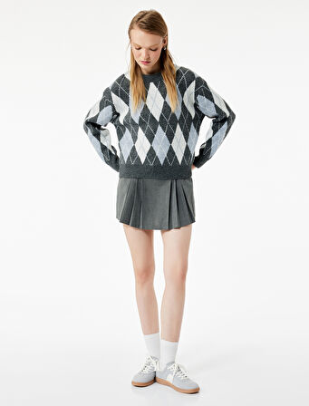 Uzun Kollu Bisiklet Yaka Baklava Desenli Triko Kazak