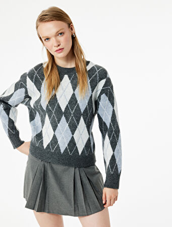 Uzun Kollu Bisiklet Yaka Baklava Desenli Triko Kazak