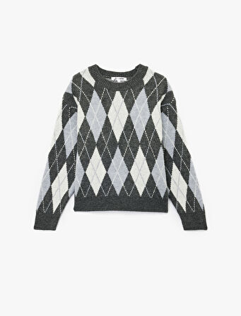 Uzun Kollu Bisiklet Yaka Baklava Desenli Triko Kazak