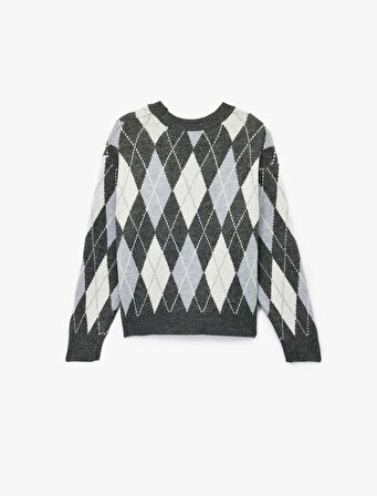 Uzun Kollu Bisiklet Yaka Baklava Desenli Triko Kazak