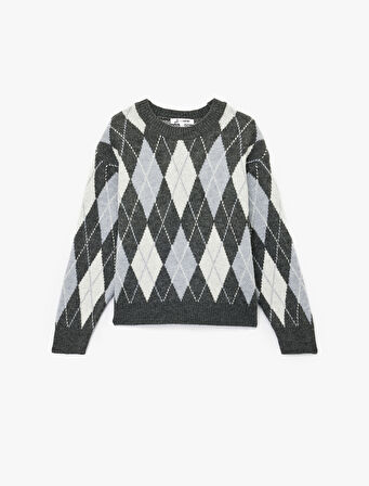 Uzun Kollu Bisiklet Yaka Baklava Desenli Triko Kazak