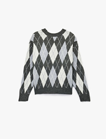 Uzun Kollu Bisiklet Yaka Baklava Desenli Triko Kazak