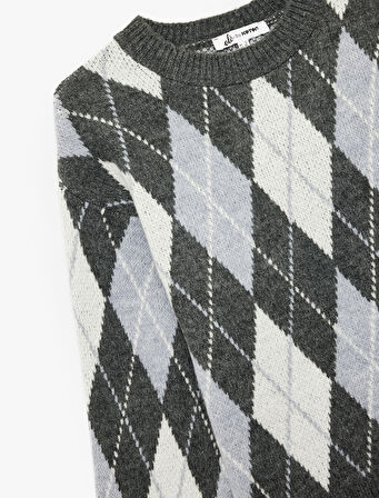 Uzun Kollu Bisiklet Yaka Baklava Desenli Triko Kazak