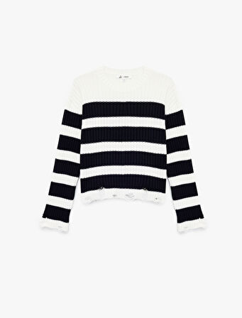 Renk Bloklu Uzun Kollu Bisiklet Yaka Yırtık Detaylı Triko Kazak