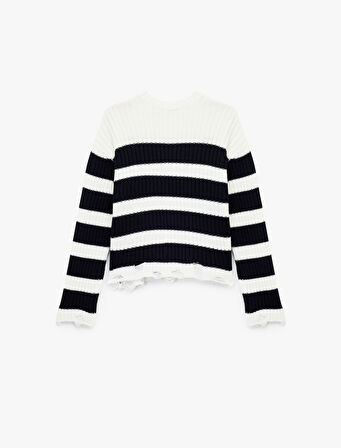 Renk Bloklu Uzun Kollu Bisiklet Yaka Yırtık Detaylı Triko Kazak