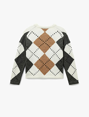 Uzun Kollu Bisiklet Yaka Baklava Desenli Triko Kazak