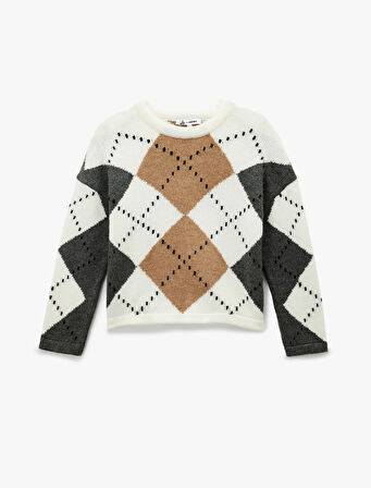 Uzun Kollu Bisiklet Yaka Baklava Desenli Triko Kazak