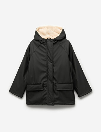 Uzun Kollu Peluş Detaylı Kapşonlu Yağmurluk