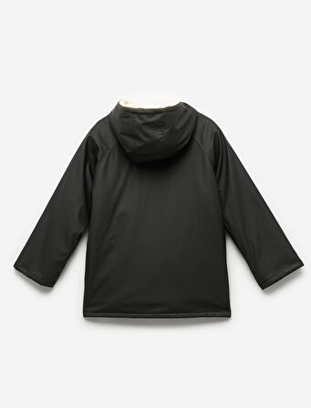 Uzun Kollu Peluş Detaylı Kapşonlu Yağmurluk