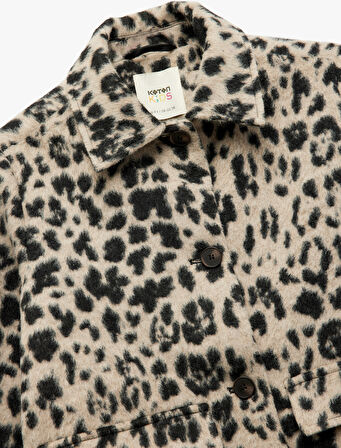 Leopar Desenli Kapaklı Cepli Uzun Kollu Bisiklet Yaka Kaban