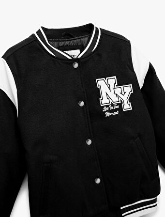 Uzun Kollu Aplike Detaylı Oversize Bomber Okul Ceketi