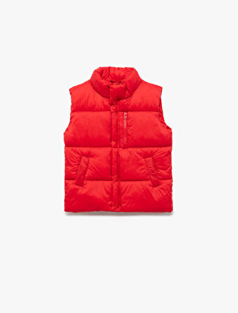 Dik Yaka Cep Detaylı Bol Kalıp Fermuarlı Kolsuz Şişme Yelek