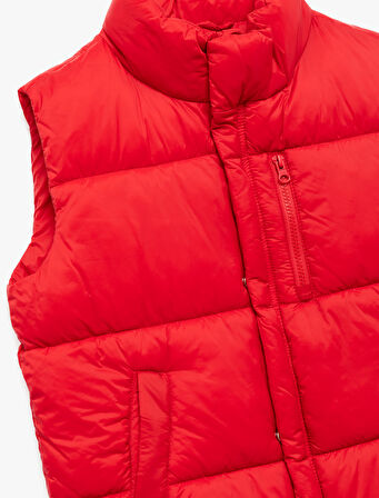 Dik Yaka Cep Detaylı Bol Kalıp Fermuarlı Kolsuz Şişme Yelek