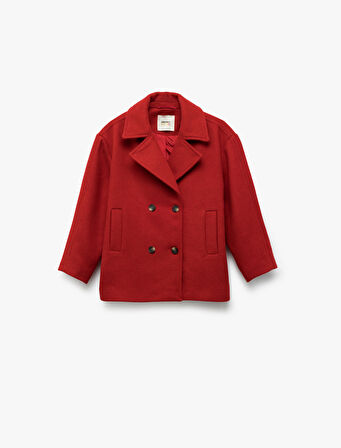 Kruvaze Yaka Düğmeli Uzun Kollu Kaşe Ceket