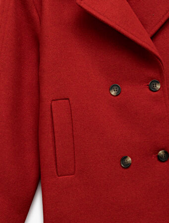 Kruvaze Yaka Düğmeli Uzun Kollu Kaşe Ceket