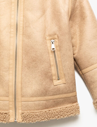 Uzun Kollu Peluş Astarlı Gömlek Yaka Ceket