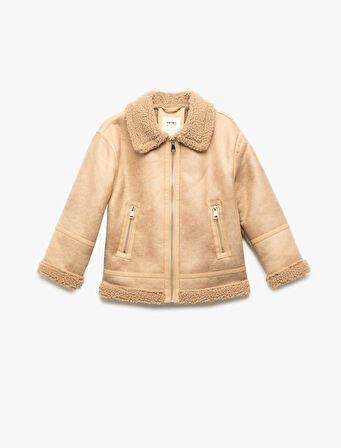 Uzun Kollu Peluş Astarlı Gömlek Yaka Ceket