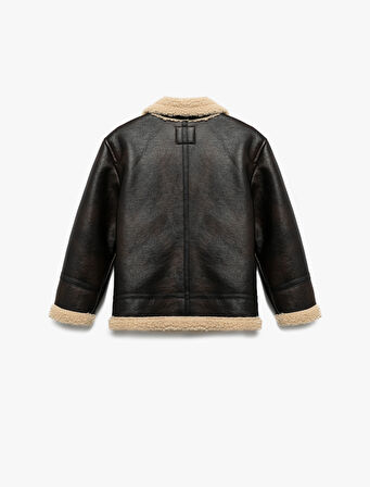 İçi Peluş Astarlı Fermuarlı Uzun Kollu Biker Suni Deri Ceket