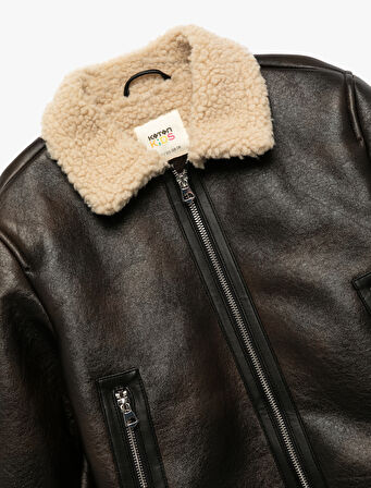 İçi Peluş Astarlı Fermuarlı Uzun Kollu Biker Suni Deri Ceket